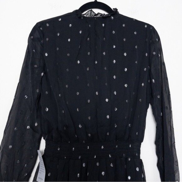NWT NSR Emma Long Sleeve Ruffle Trim Smocked Mini Dress S Black Clip Dot - Picture 8 of 8